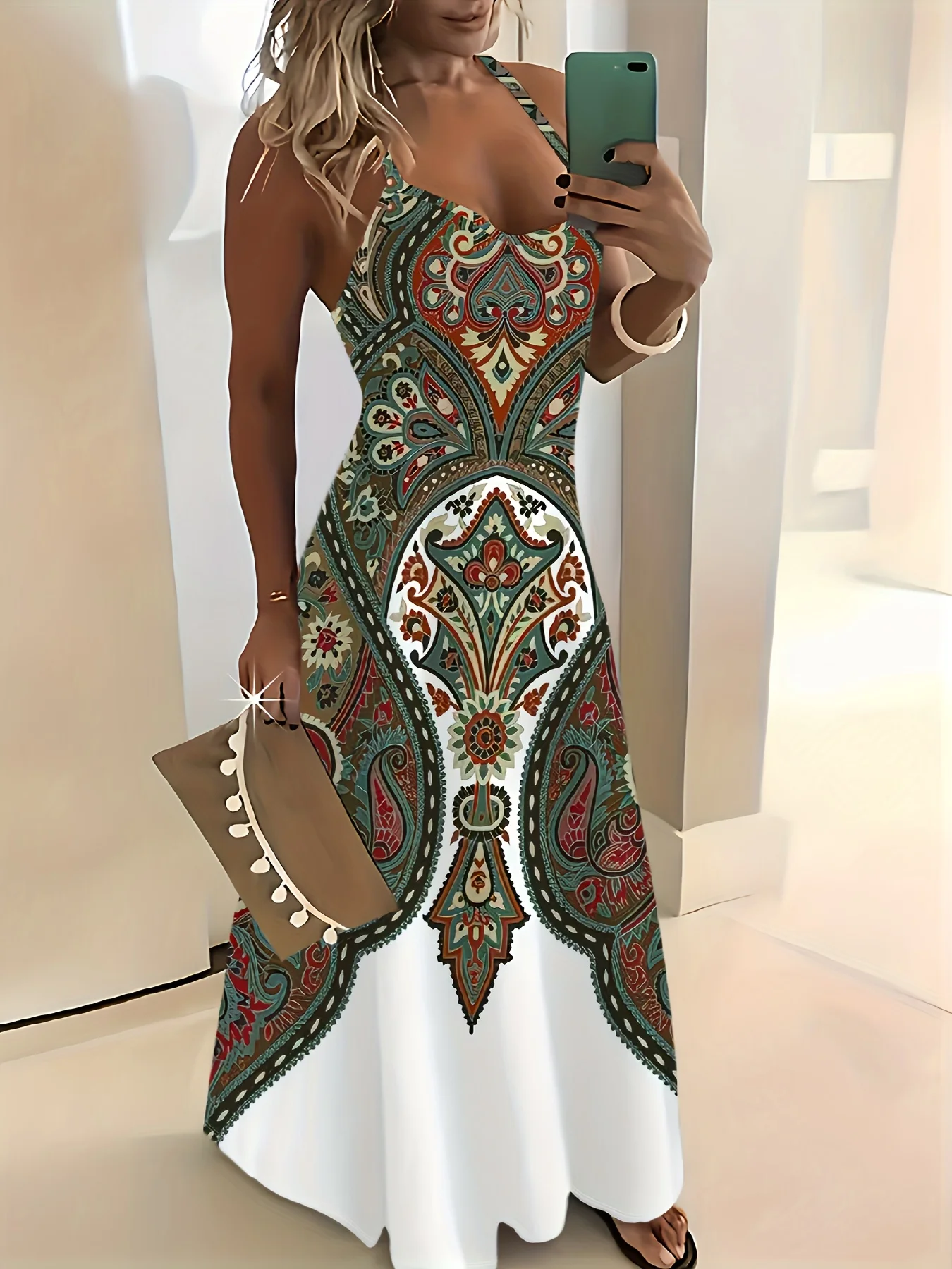 Printed Design Green Brown Red Paisley White Hem Spaghetti Strap Maxi Dress