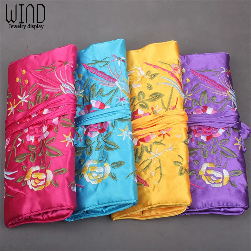 Embroidered Jewelry Storage Bag Chinese Wind Silk Jewelry Organizer Travel Pouch Ring Necklace Zipper Embroidery Bird Roll Bag