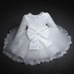 Toddler Baby Girls Long Sleeve Dress Wedding New Year Lace Bow Kids Dresses Infant 1st Birthday Princess Baptism White Gown