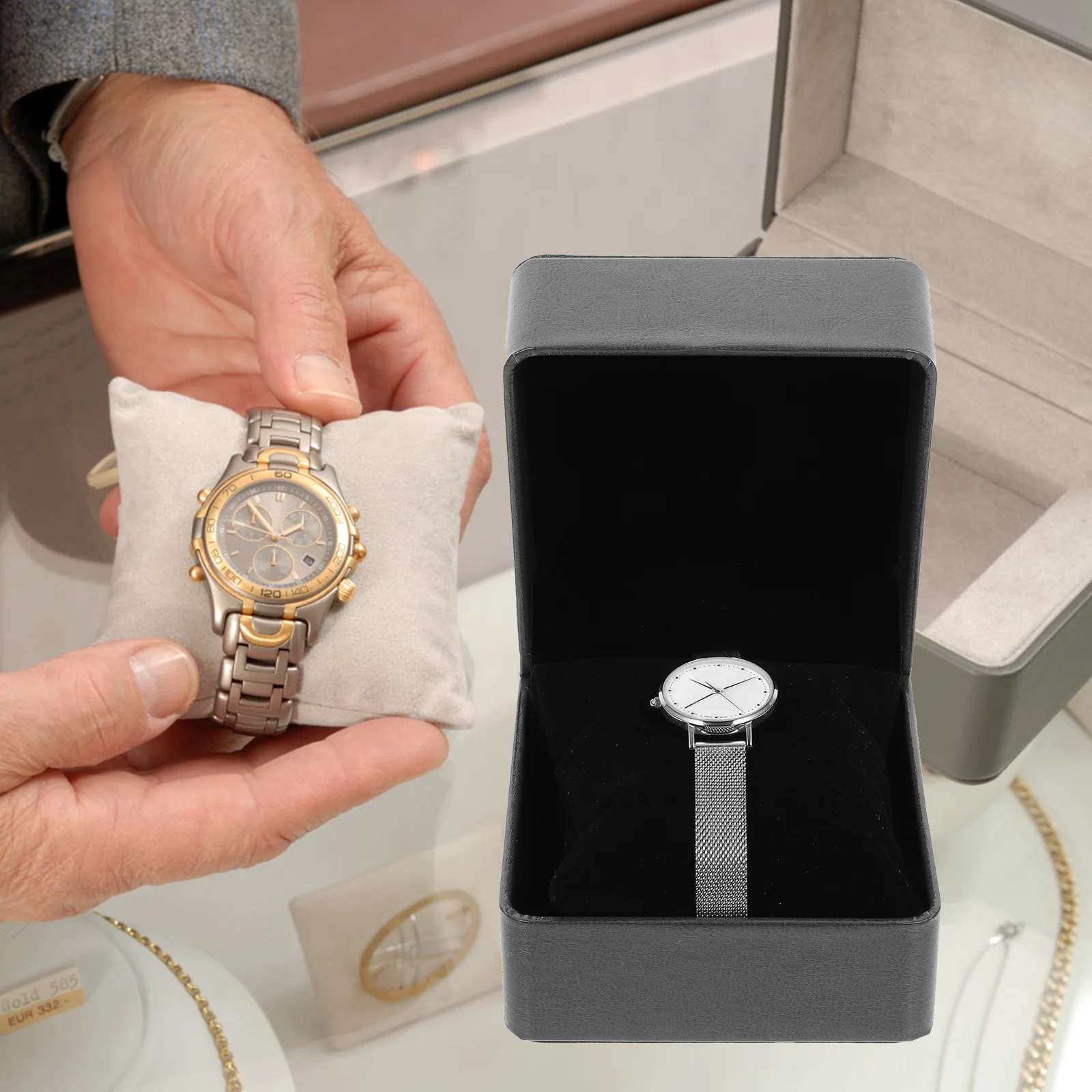 2 قطعة صندوق تخزين الساعات المدمجة خفيفة الوزن مادة البولي يوريثان وسادة ناعمة داخل حافظة مجوهرات متعددة الوظائف لأساور الساعات