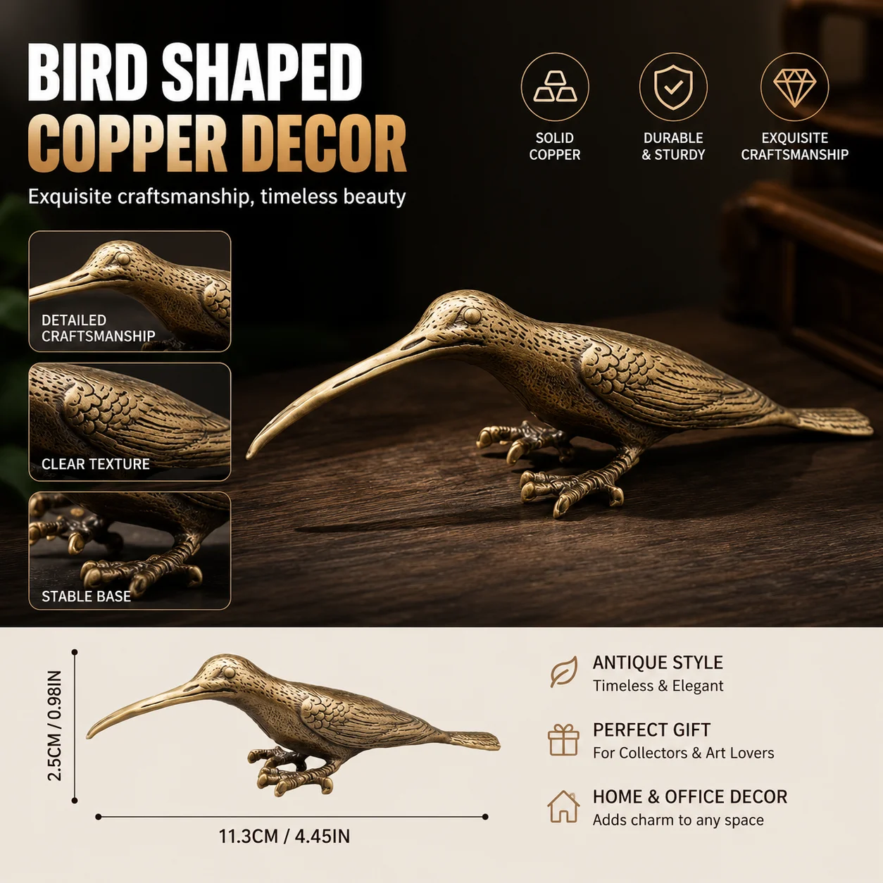 1pc Solid Brass Handcrafted Hummingbird Figurine – Anime-Themed Miniature Desk Ornament with Long Bill, No Electricity Required.