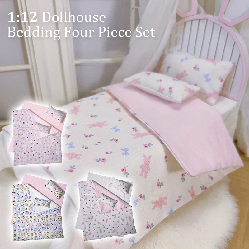 1:12 Dollhouse Bedding Four Piece Set Dollhouse Bedroom Bed Sheet Quilt Pillow Decoration Dolls House Micro Scene Ornament