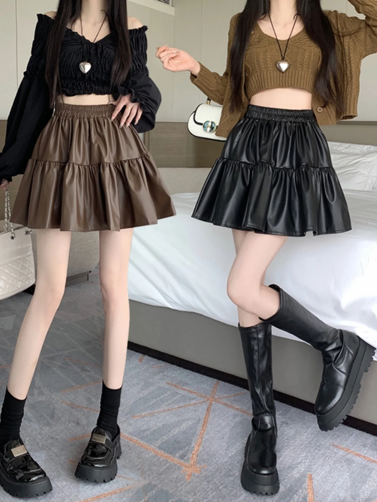 Coffee PU Leather Short Skirt For Women In Autumn And Winter, Elastic Waist Splicing, Fluffy Umbrella Coffee A-Line Cake Skirt,