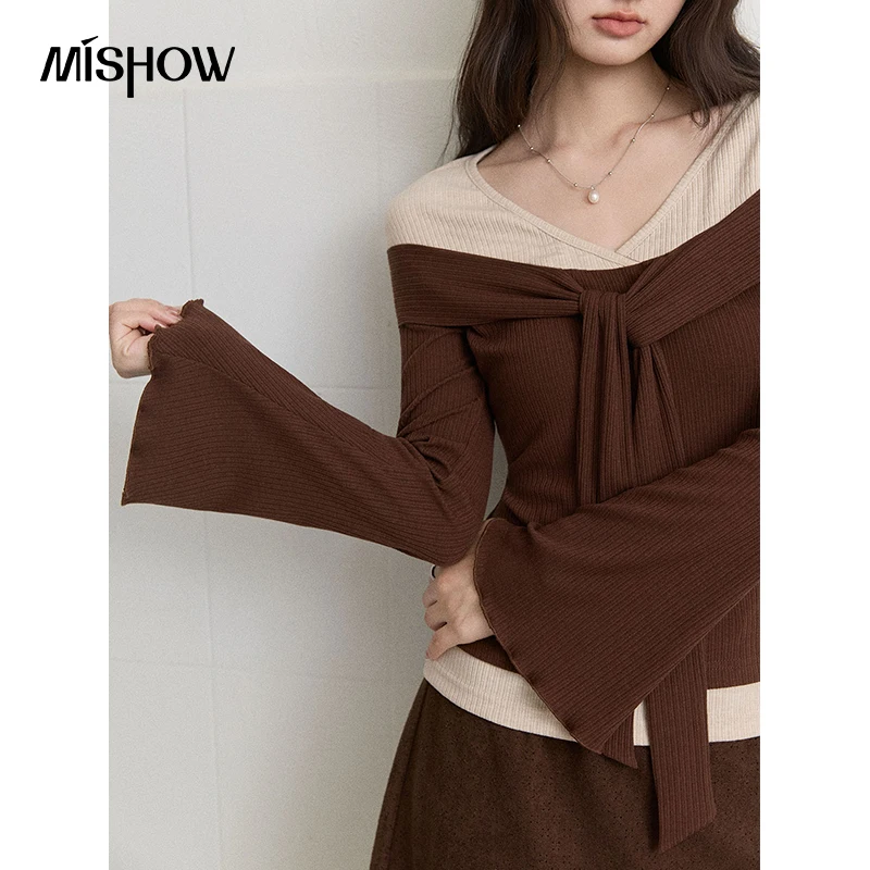 MISHOW Women's Fake Two‑Piece Knit Top 2026 Autumn V-neck Bow Tie Collar Color Block Spliced Tops Slim Thin Knitwear MXF44T3178