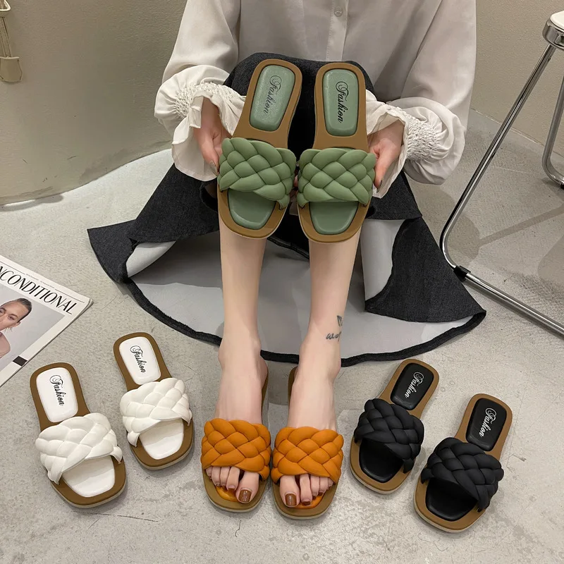 2024 Summer Outdoor Beach Woven Flat Slipper Women Sandals Open Toe Casual Indoor PU Leather Square Toe Slipper Female Sandalias