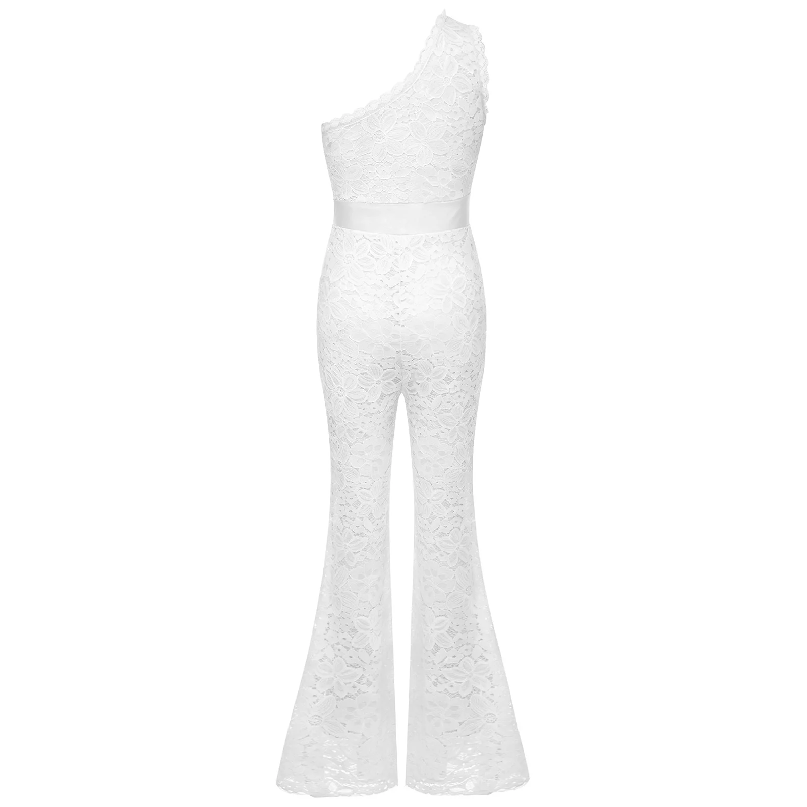 Child One Shoulder Flares Ballet Lyrical Dance Costume Girl's Bell Bottom Flared Jumpsuit Party Kids Girls Floral Lace Rompers