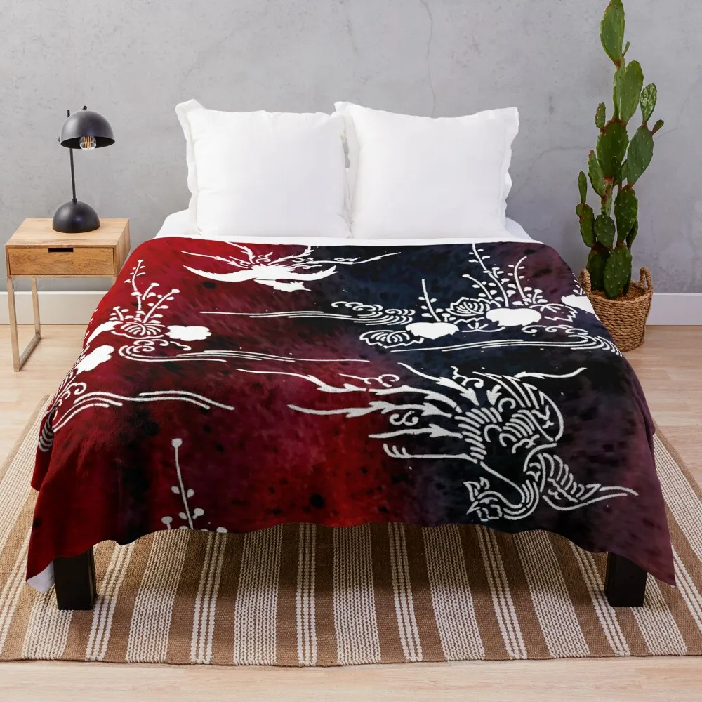 Japanese Katagami Stencil Phoenix With Momiji Autumn Leafs Throw Blanket Retros Flannel Blankets