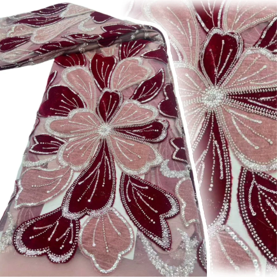 

Розовая африканская кружевная ткань с бисером, 5 ярдов, французское кружево с пайетками и вышивкой из тюля для свадебных платьев, шитья, 2221