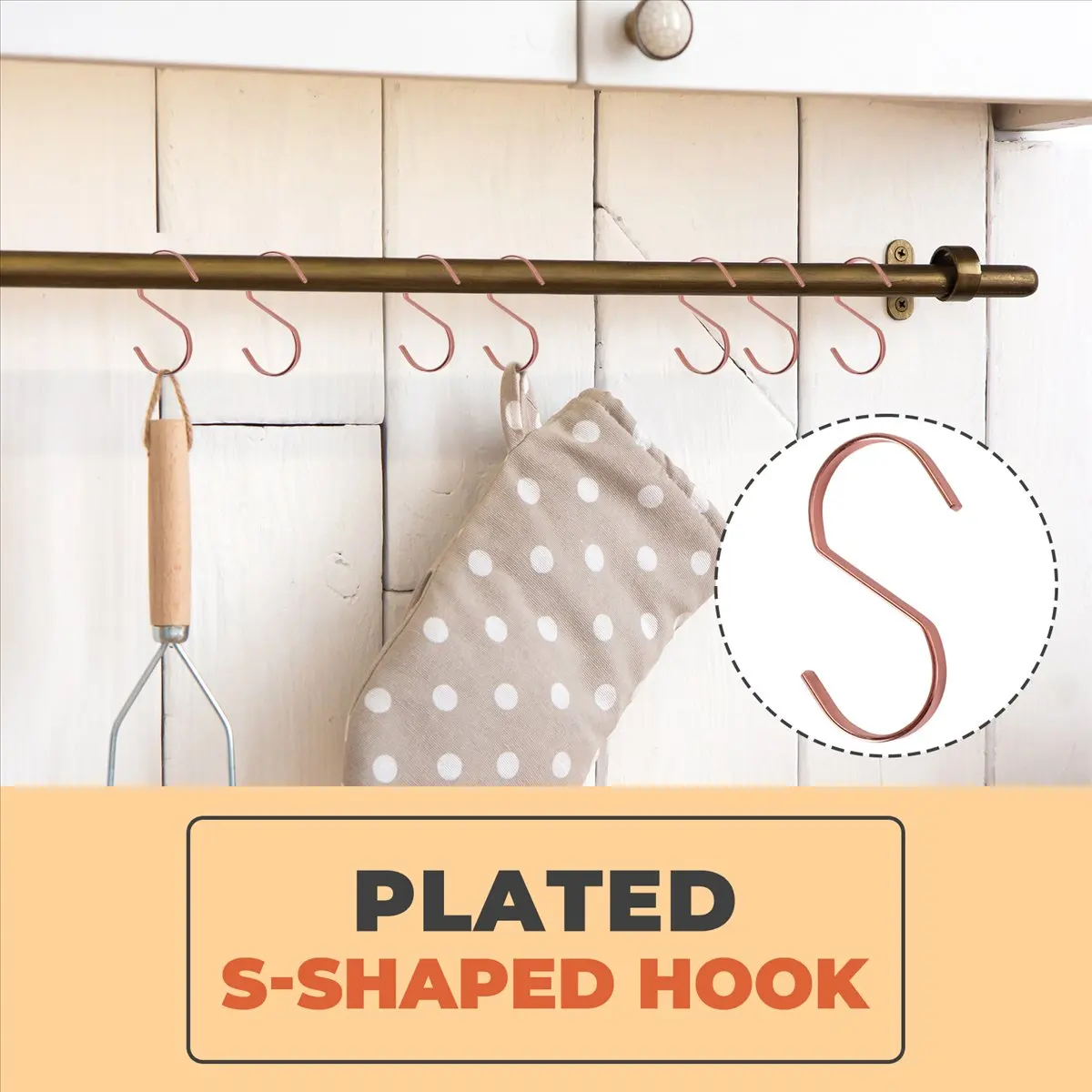 ABJS 10-Pack 4 Inch Rose Gold Chrome Finish Steel Hanging Flat Hooks - S Shaped Hook Heavy-Duty S Hooks, for Kitchenware, Pots,