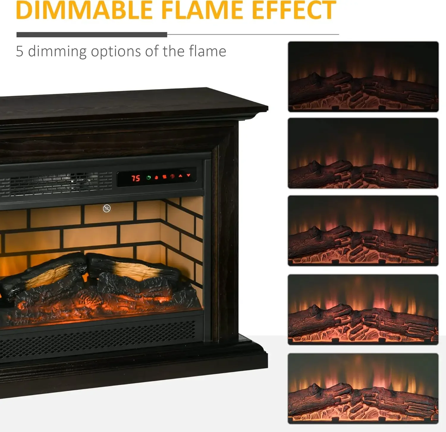 Fireplace with Dimmable Flame Effect and Mantel, Freestanding Space Heater with Log Hearth and Remote Control, 1400W, Brown