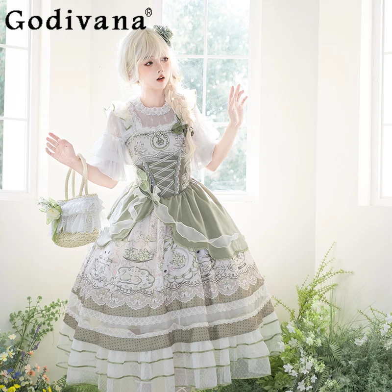 

Original Cla Princess Tea Party Dress Jsk Summer New Girl's Sweet Cute Elegant Printed Lace High Waist Slim Long Dress Vestidos