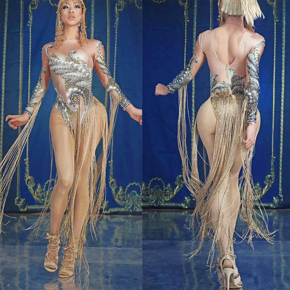 

Sparkling Gold Chain Fringes Jumpsuits Women Tight Stretch Bodysuits Luxurious Pearls Print Singer Stage Jazz Dance Costumes