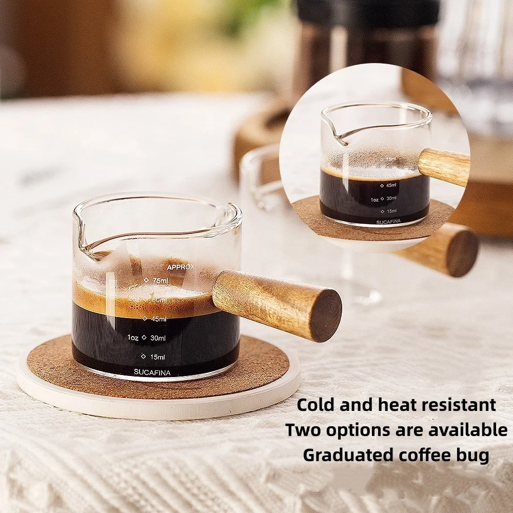 

1PC Glass Measuring Cup Wood Handle Glass Espresso Measuring Cup Double Single Mouth Milk Coffee Clear Mug Coffee Supplies