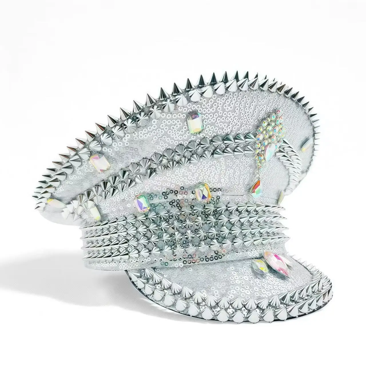 HongLuan Yellow Laser Leather Loop Captain Hat Rhinestone & Military Caps for Woman, Rave Festivals Accessories ＆ Party Cap Man