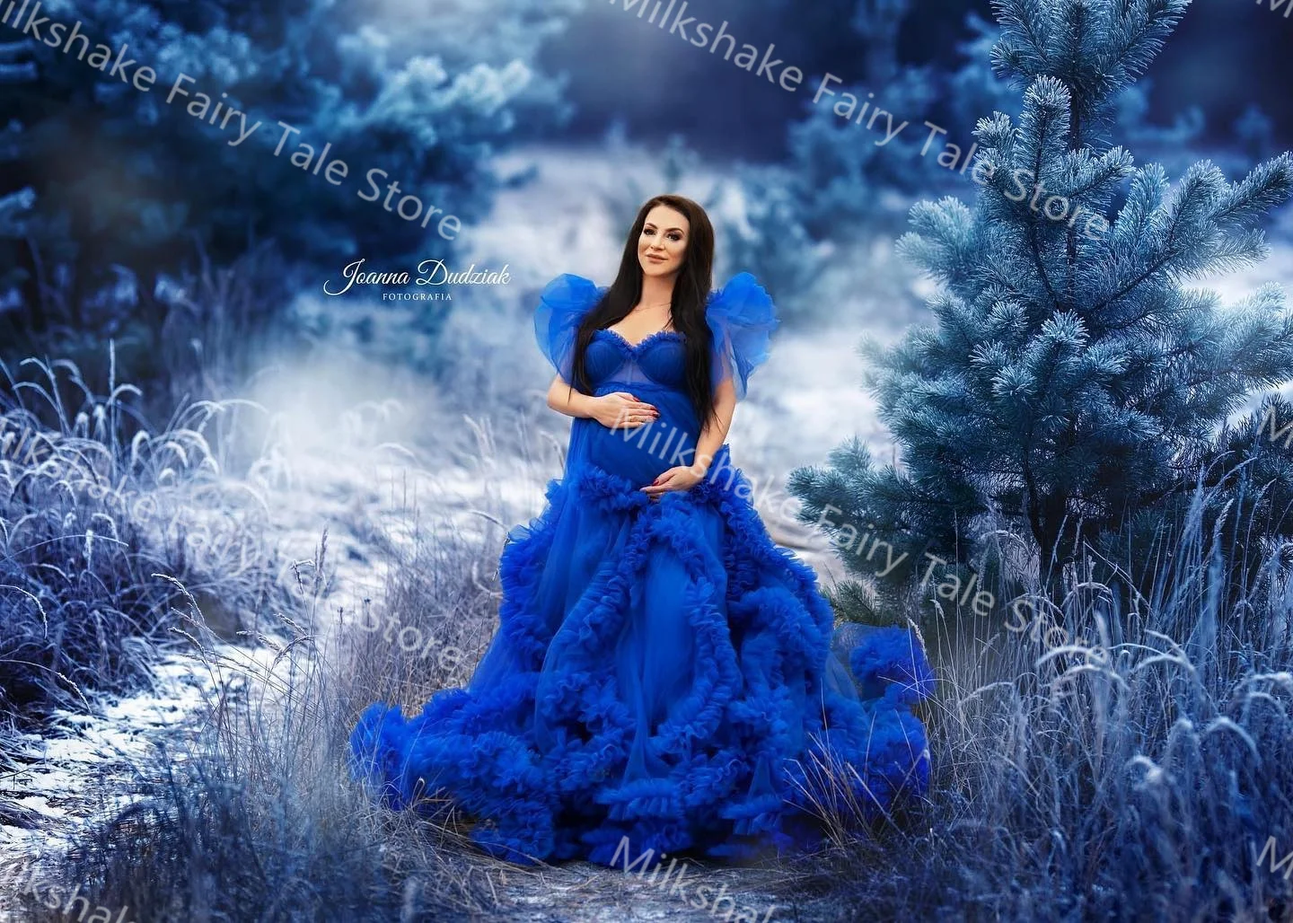 Extra Puffy Royal Blue Maternity Robes for Photo Shoot Tulle Tiered Ruffles Pregnant Women Dresses Customized Baby Shower Gowns