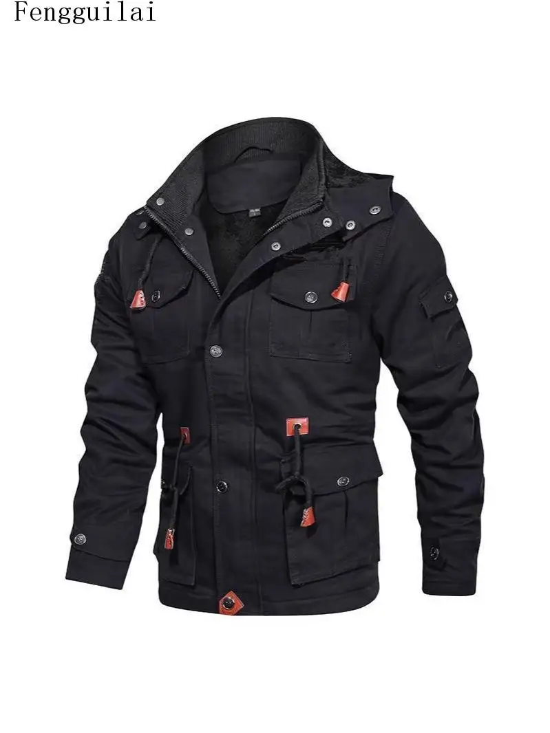 Men Fleece Lined Cargo Jacket  Multi Pockets Drawstring Waist Winter Warm Military Style Outerwear Coat