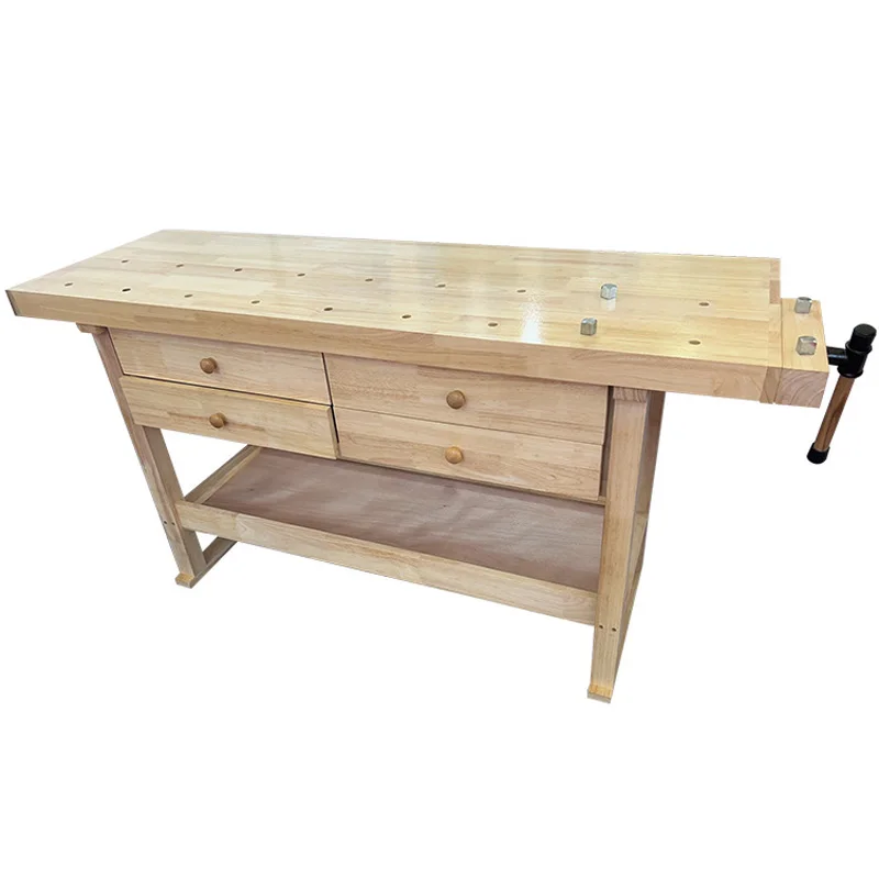 

Wooden Workbench Rubber wood 4-Drawer Rubberwood Craft Garage Workshop 450lbs Capacity Storage Organizer