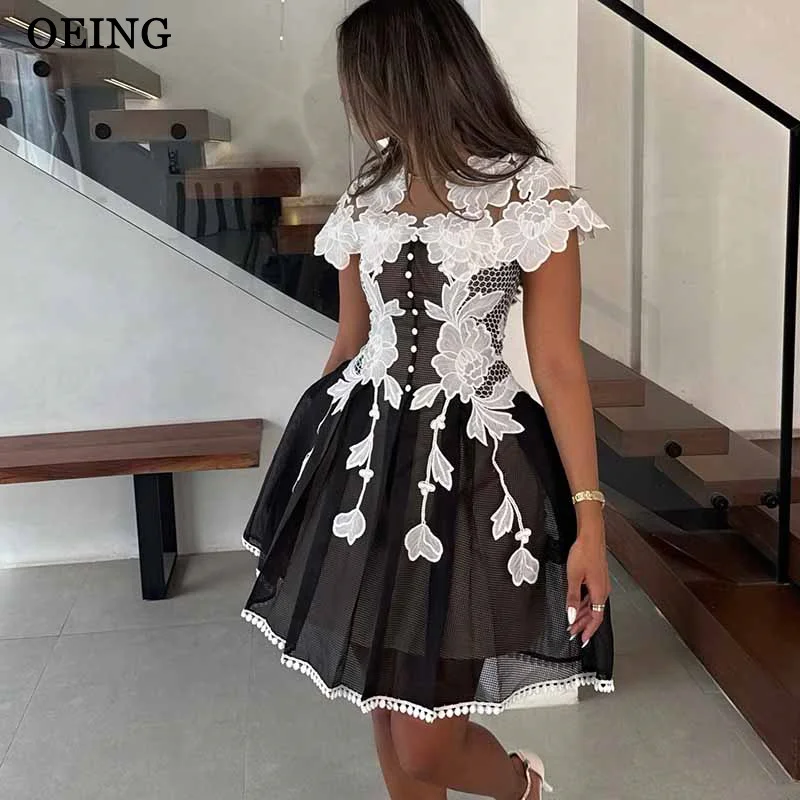 

OEING Classic A-Line Prom Dresses Flowers O-Neck Appliques Draped Party Gowns Knee Length Homecoming Dresses Customized