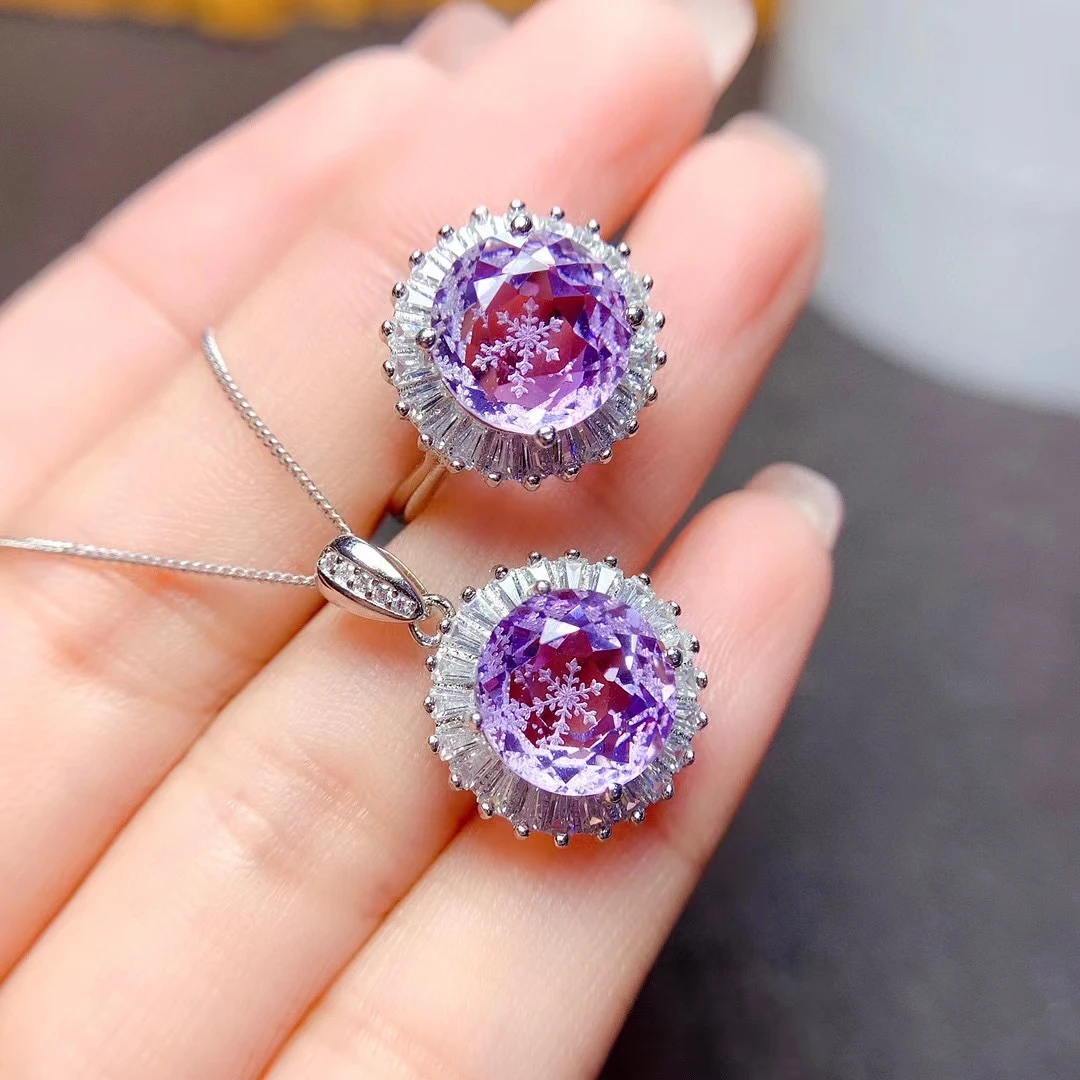 

Popular Natural Snowflake Amethyst Engagement Set Sterling Silver Jewelry Set Ring and Pendant Wedding Bridal For Women