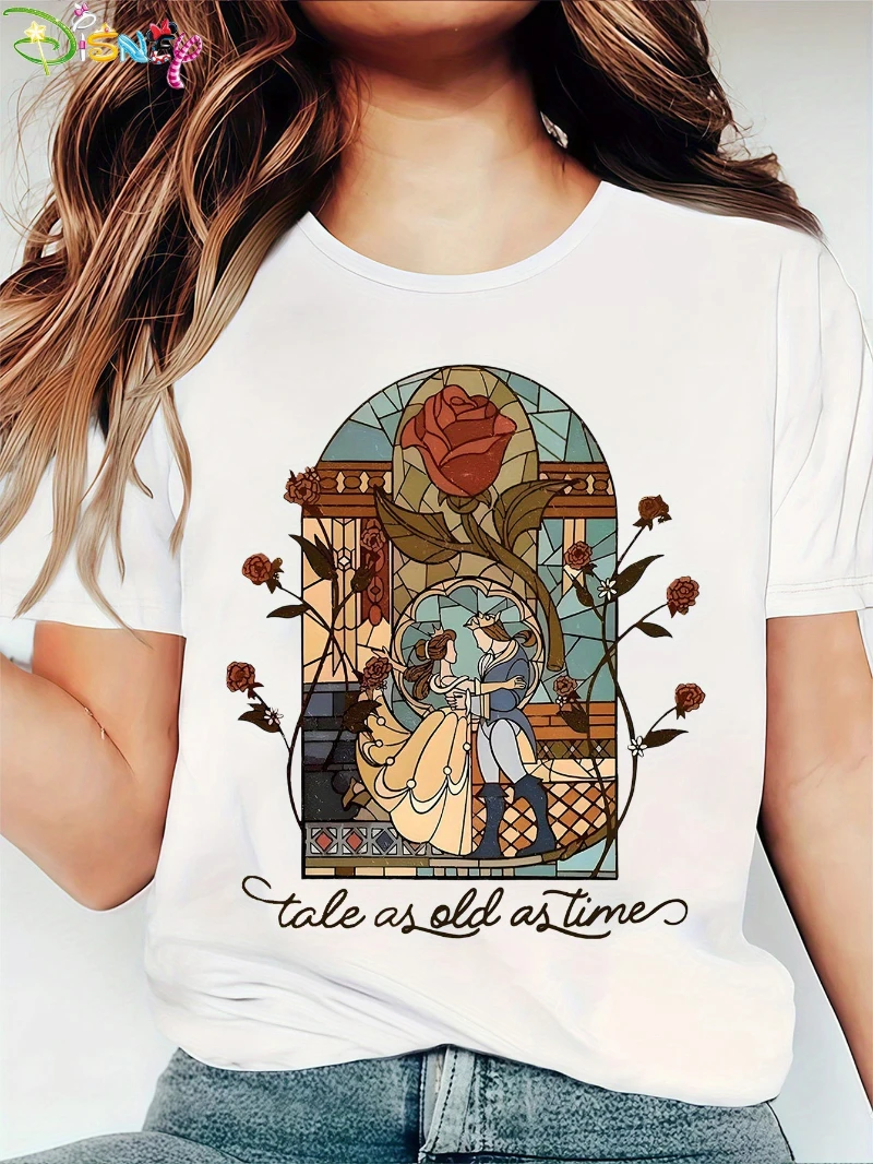 

Футболка с принтом «Красавица и чудовище» — мягкий круглый вырез из чистого хлопка, удобный свободный топ с короткими рукавами, футболка с изысканным принтом