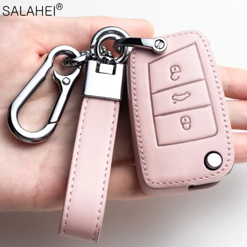 Leather Car Key Cover Remote Fob Holder Case Shell For Volkswagen VW Jetta Golf Polo Passat Tiguan For Skoda Octavia Seat Bag