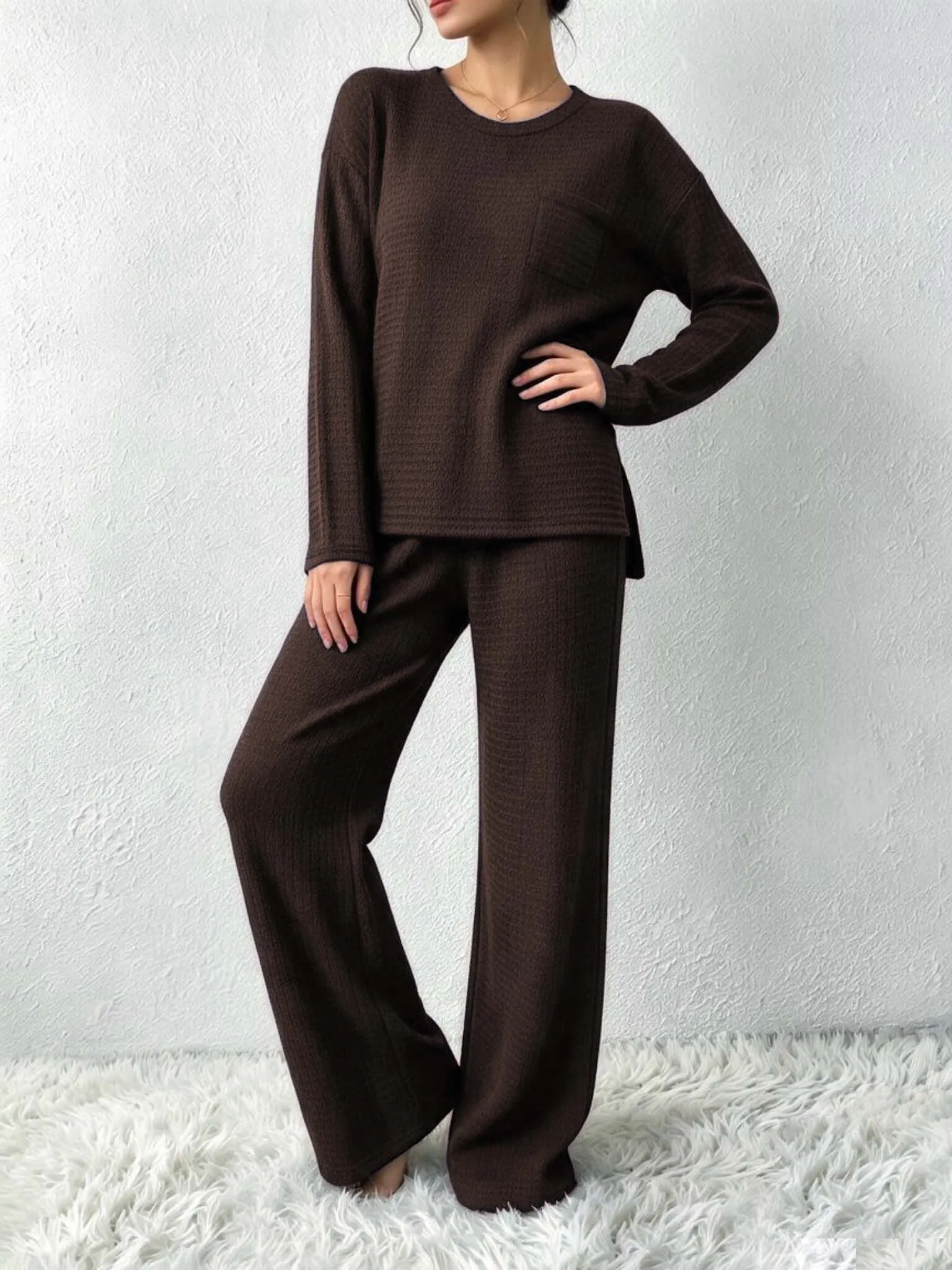 Women Textured 2‑Piece Outfit, Round Neck Loose Long‑Sleeve Top With Chest Pocket & Side Slit, High Waist Wide Leg Pants Set