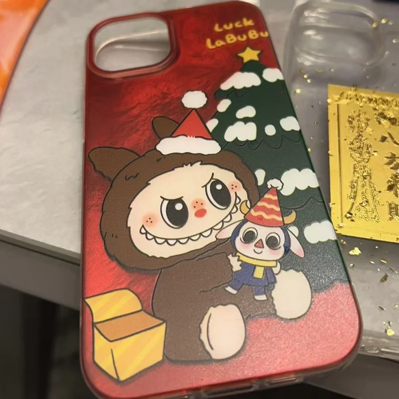 Natal dos desenhos animados labubu padrão caso de telefone para iphone 12 13 14 15 16 pro max pára-choques à prova de choque proteger capa acrílico caso presentes