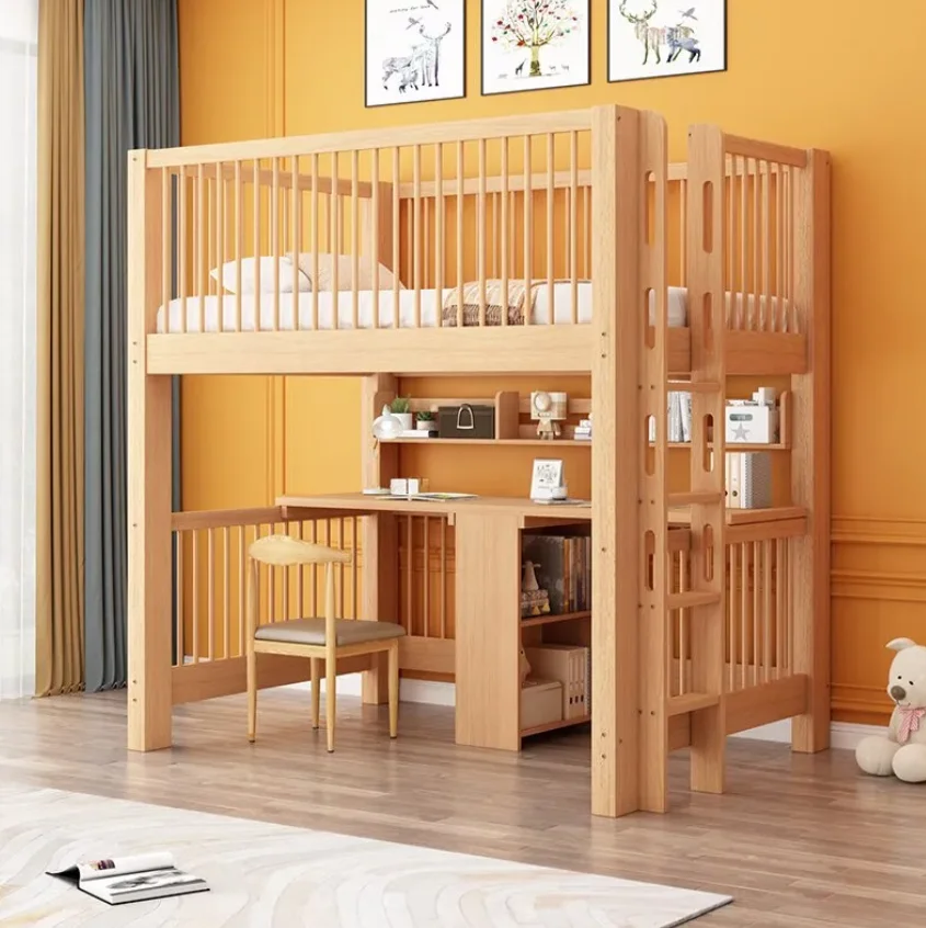#Solid Wood Durable Bunk Bed With Upper Lower Tables Same Width Height Integrated Learning Table Comfortable Bedroom Furniture