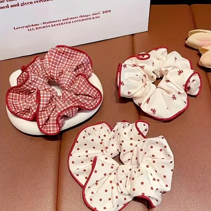3 pçs doce ponto vermelho bowknot xadrez scrunchies para mulheres meninas macio elástico rabo de cavalo titular suave na moda ano novo natal