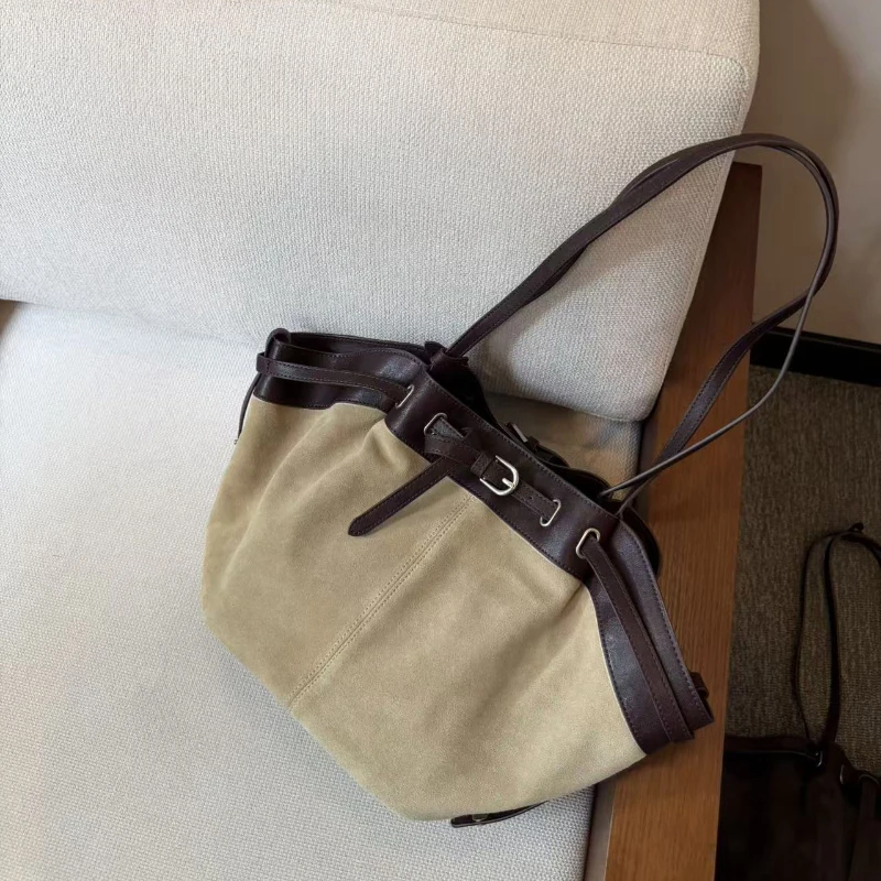 Vintage Frosted Cowhide Wing-shaped Tote Bag Luxury Genuine Leather High-quality Shoulder Bag Women's Belt Buckle Decor Handbag