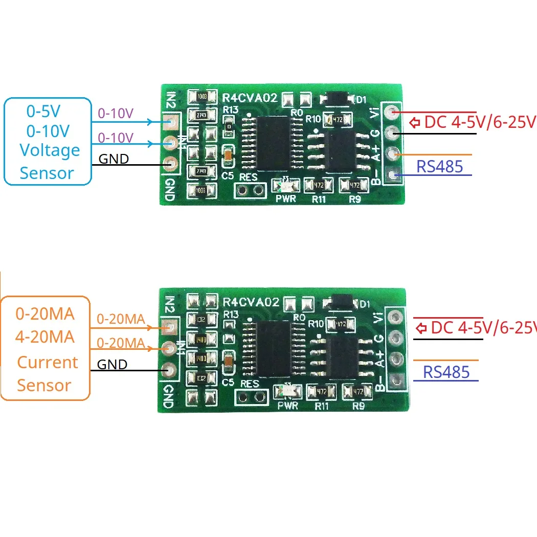 Mini 2CH Voltage Current RS485 Collector Module ADC 0-5V 0-10V 4-20MA 0-20MA Serial Port UART AI Input Module PLC Analog IO