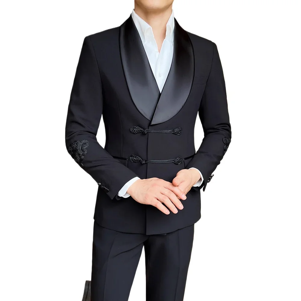 Men Vintage Luxury Style Slim Fit Wedding Groom Party Ceremony Tuxedo Suits 2 Pieces Sets Jacket Pant Man Stage Costume