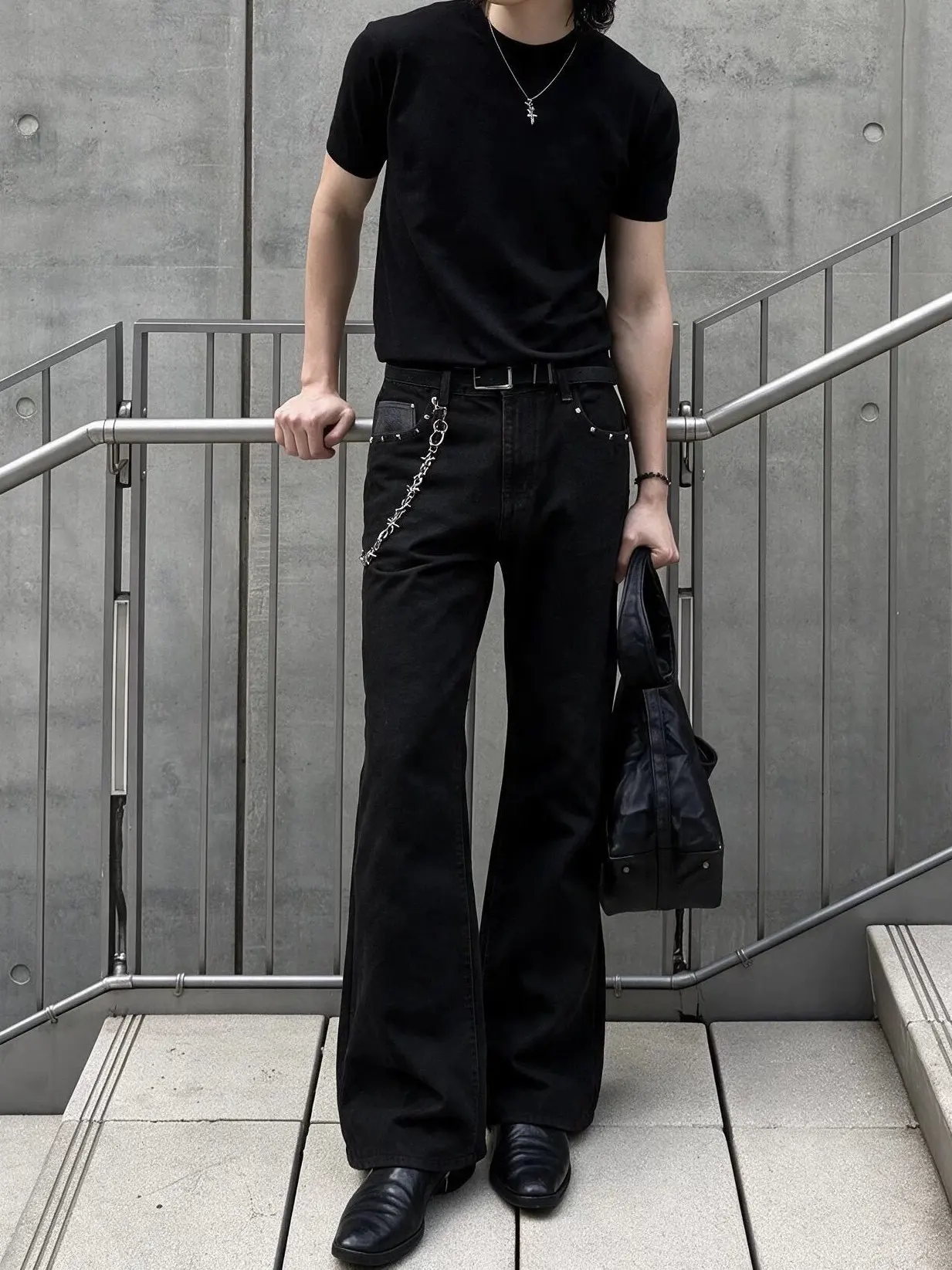 American Street Snake Skin Patchwork Black Calf Enzyme Wash Fading Unisex Jeans Metal Rivet Pocket Trendy Loose Fit mid Waist