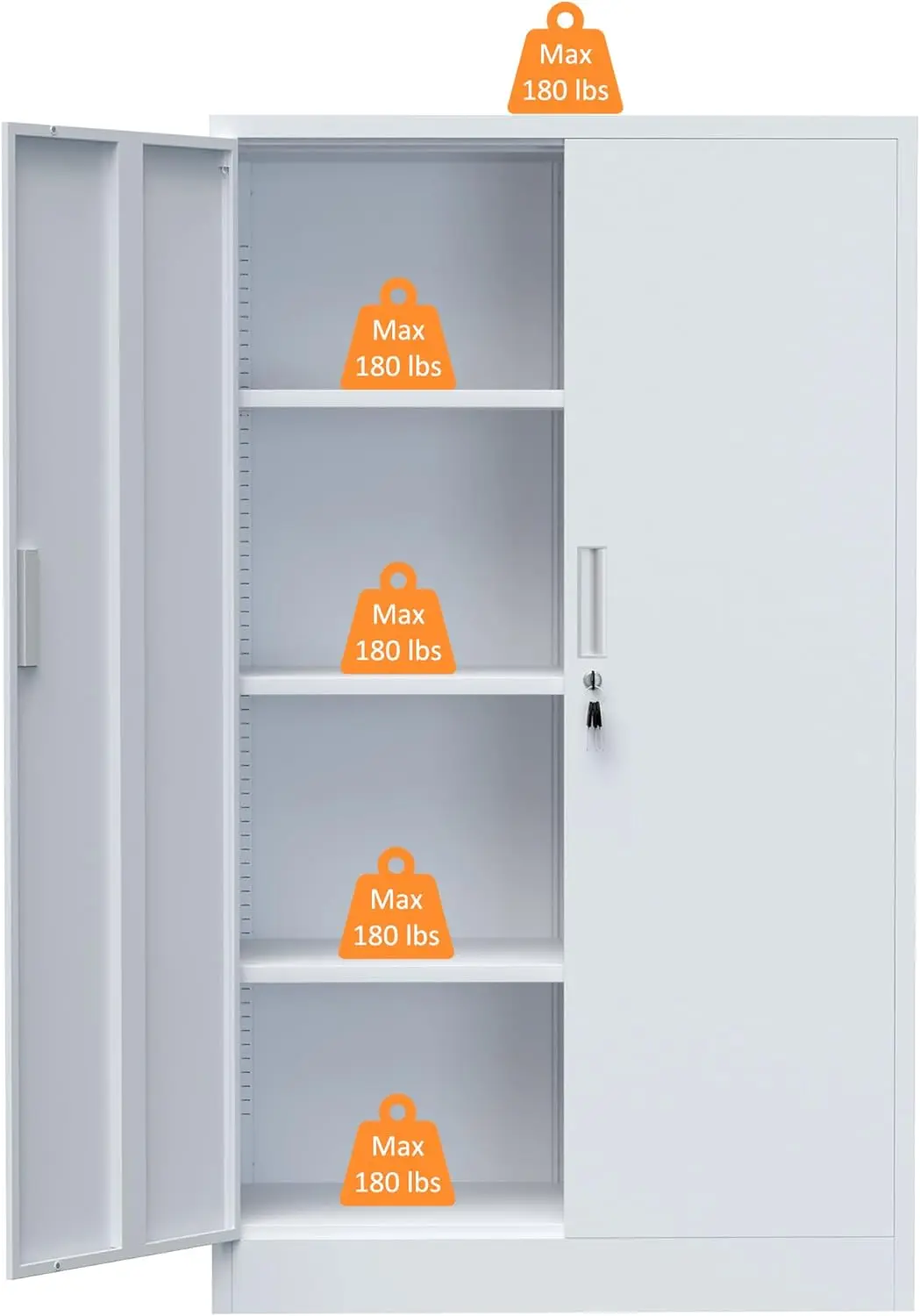 White Lockable Metal Storage Cabinet with Adjustable Shelves for Home Office Garage Kitchen Pantry