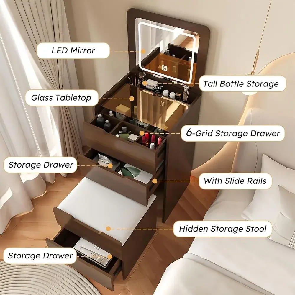 3-in-1 Vanity Desk with Flip Top Mirror, 23.6 Deep Makeup Station, Compact Dressing Table with 3 Drawers, Hidden Stool, Space-Sa