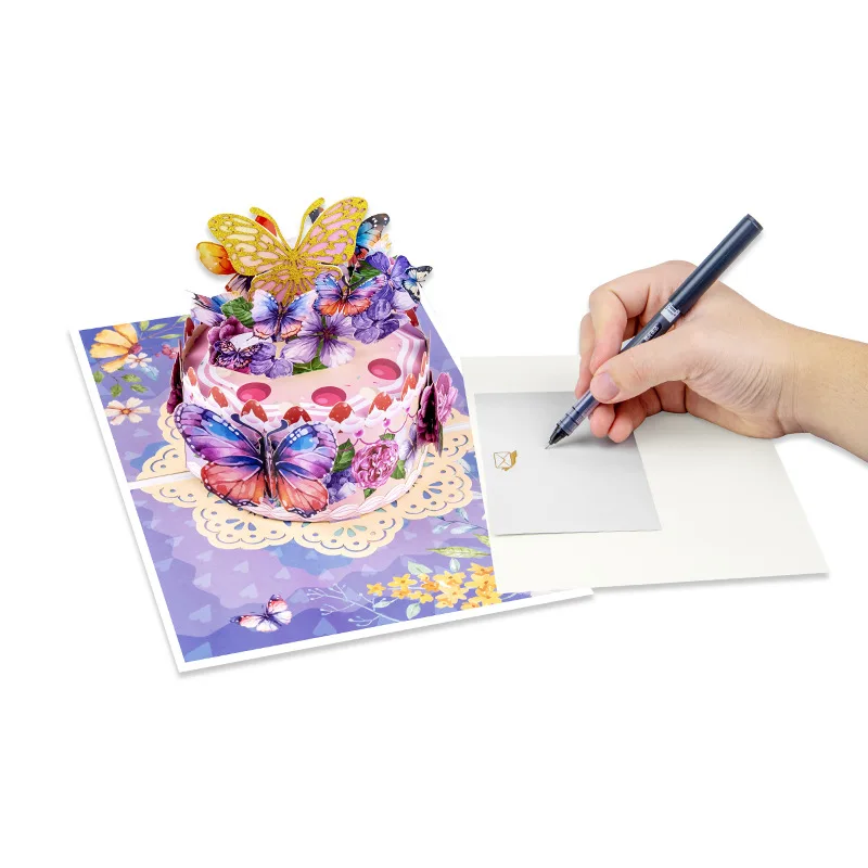 

2025 New 3D Pop-up Greeting Cards Birthday Cake Greeting Cards Striped Butterfly Cake Cross Border Amazon Wishes Cards
