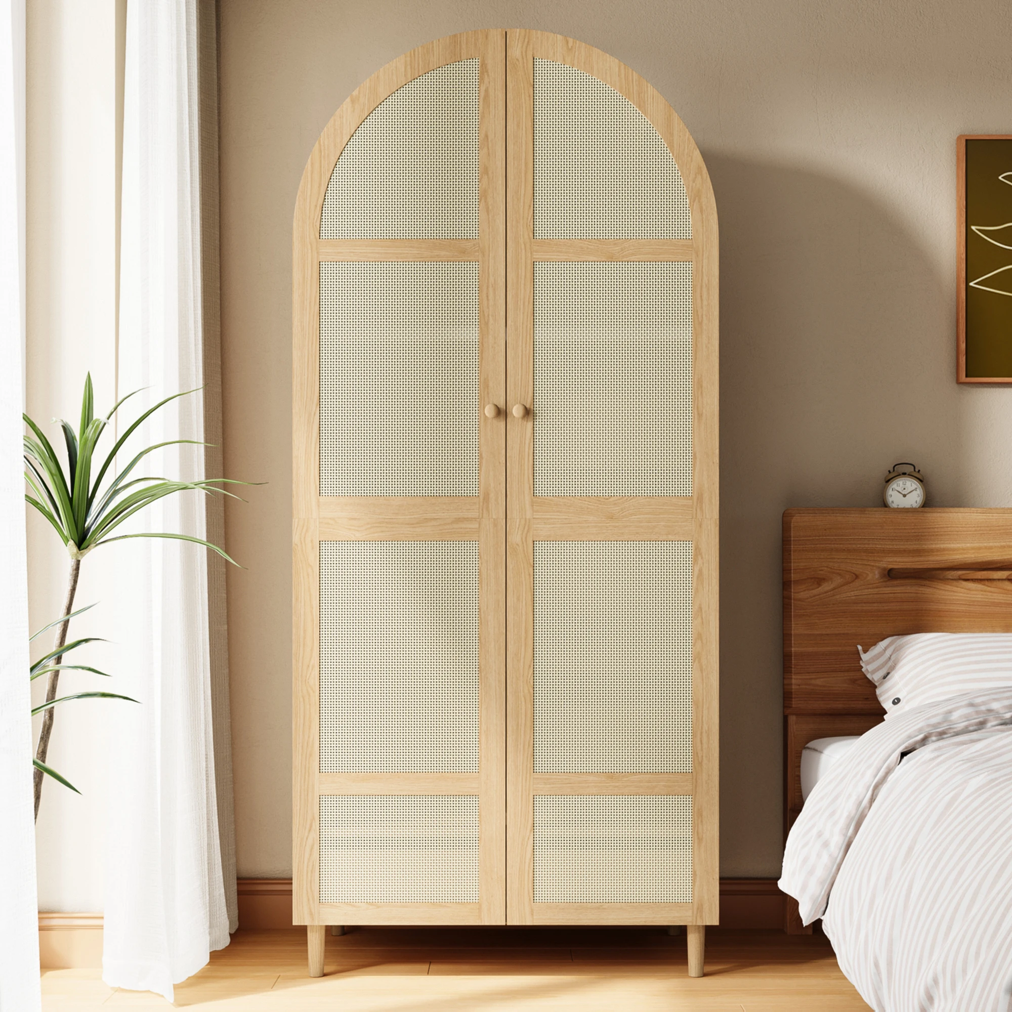 Moderner Kleiderschrank mit geschwungenen Türen, großzügigem Stauraum, Kleiderstange und Schubladen, luxuriöser Kleiderschrank, geeignet für Schlafzimmer und Eingangsbereiche