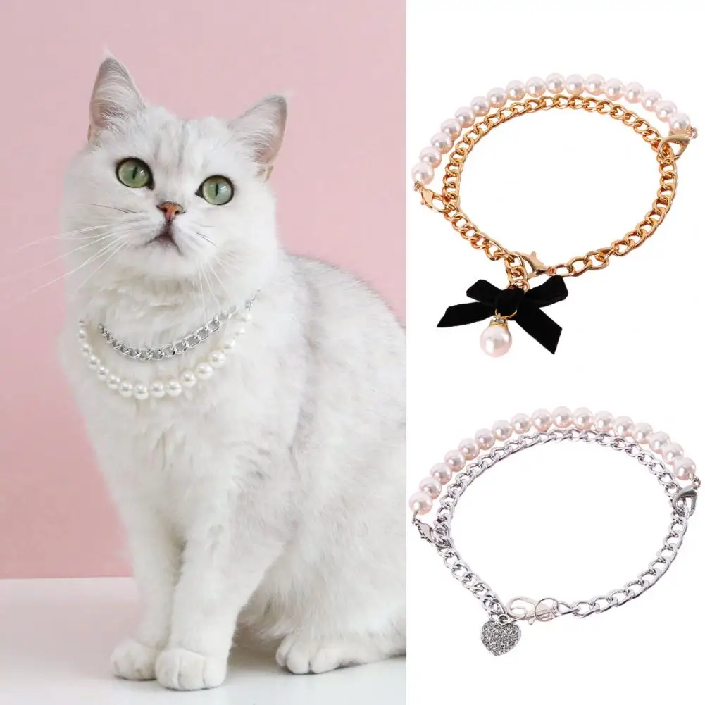 Cat Necklace Bowknot Decor Faux Pearl Puppy All-Match Necklace Pet Photography Prop For Festival Kitten Necklace Accessories