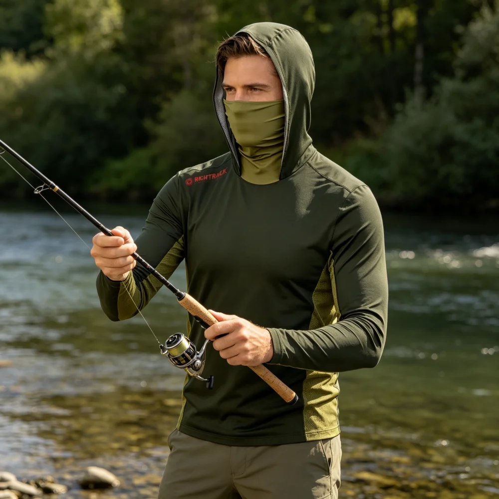 Mask Hoodie, Camouflage UV Protection Outdoor Fishing Shirt, Breathable Apparel for Hunting, Mountaineering, Camping and Hiking