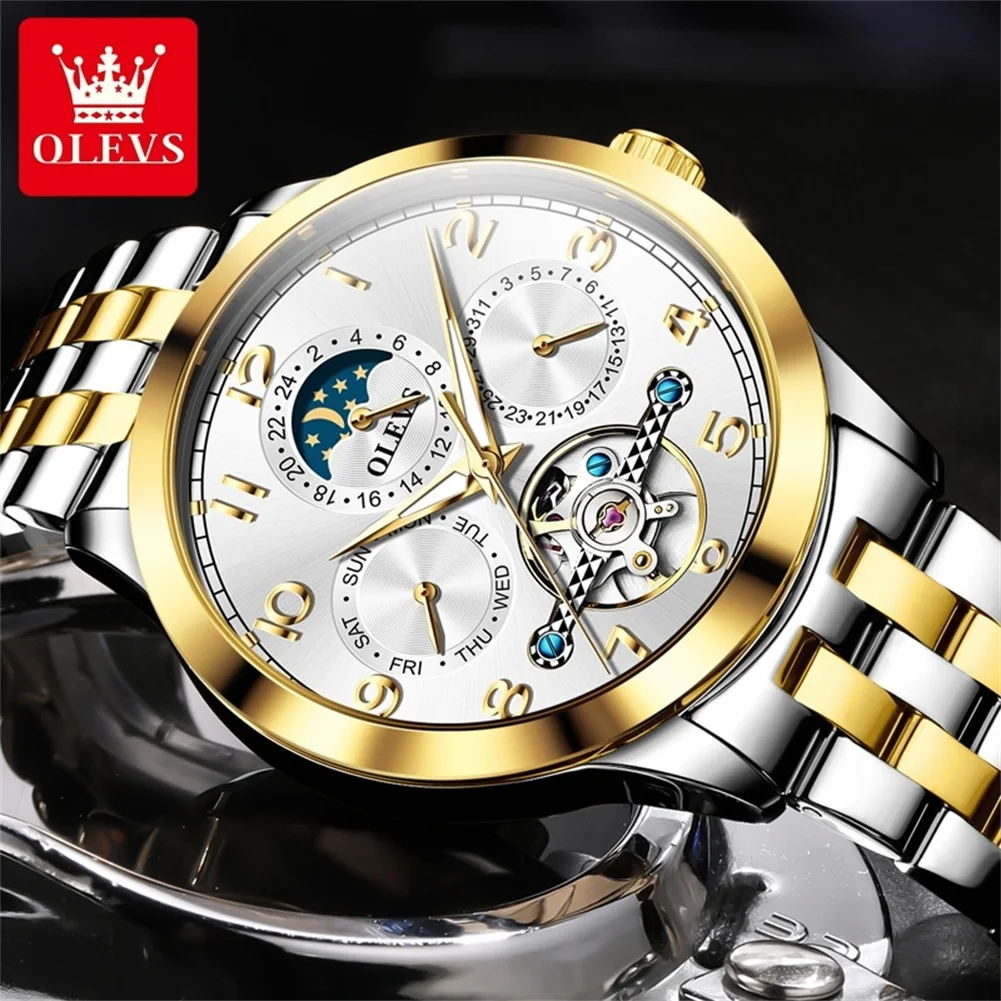 OLEVS TOP Original Men's Mechanical Watch Luminous Waterproof Moon Phase Business Dress High Quality Automatic Man Wrist Watches