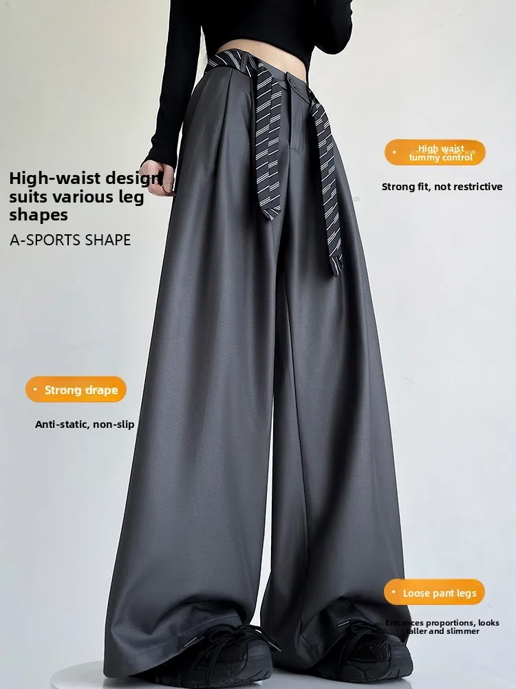 กางเกงขายาวทรงตรงเอวสูงแบบไม่สมมาตร ผ้าหนัง PU ลายทางสไตล์อเมริกัน สำหรับผู้หญิง ฤดูใบไม้ร่วง ฤดูหนาว ทรงหลวม สบายๆ