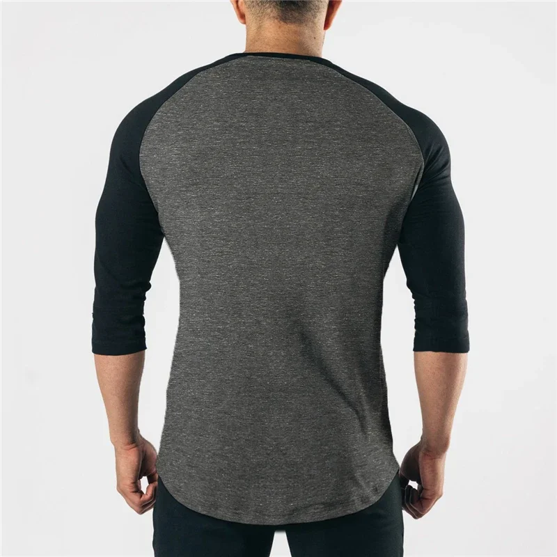 Three Quarter Sleeve T shirt Mens Autumn Spring Fashion Cotton Patchwork Silm Fit Gym Clothing Fitness T-shirt Sports Tshirt