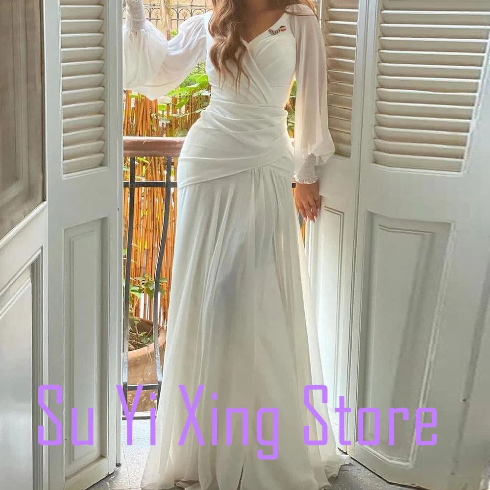 Chiffon Long Sleeves Pleats Ruched Sweep Train V-Neck Flare sleeves Floor Length A-Line Evening Dress Exquisite and Temperament