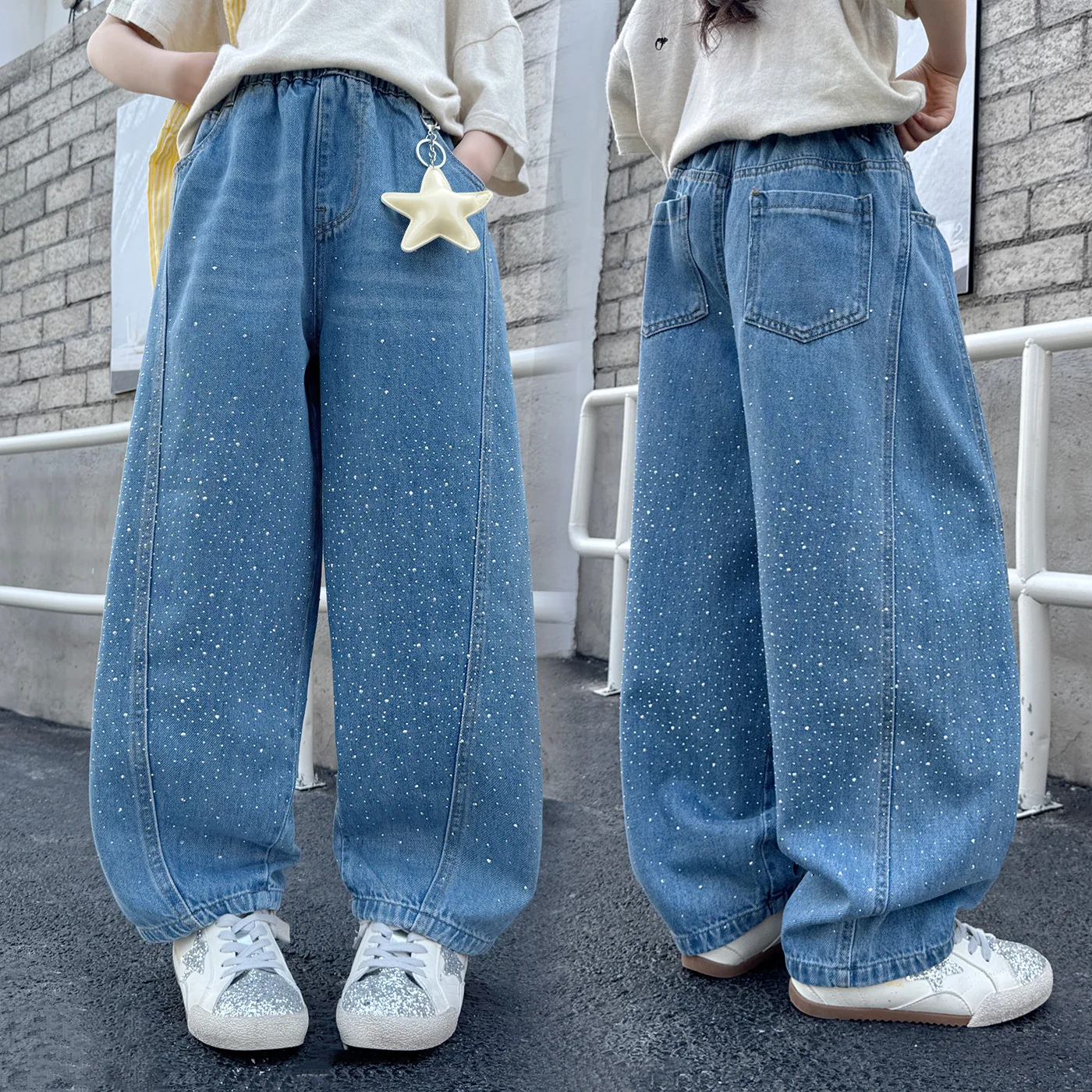 Girls Wide Leg Denim Jeans Starry Rhinestone Kids Spring Autumn New Style Denim Pants Children's Loose Trousers with Pendant