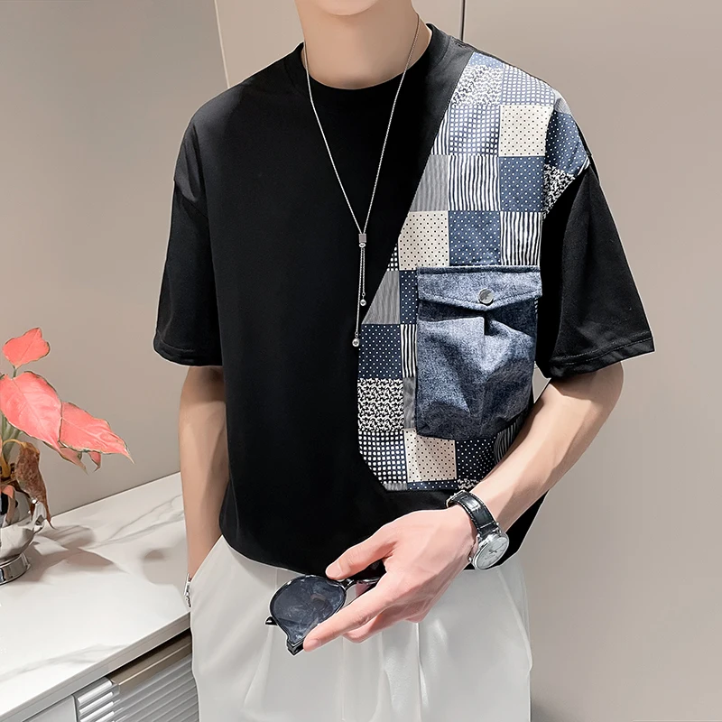 Trendy Patchwork Denim Short Sleeved Men Cotton T Shirt High Quality Cargo Pocket Casual Male T-shirts Summer Fashion Tee Tops