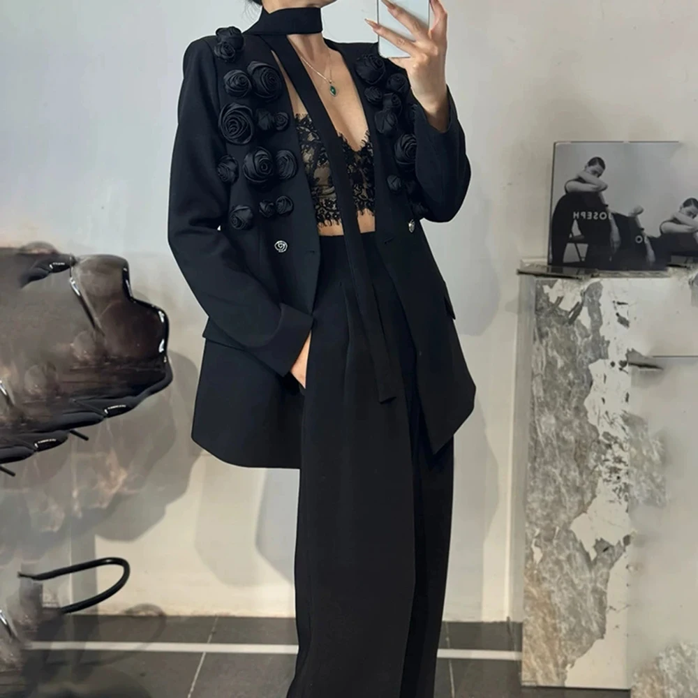 

Temperament high-end suit 2025 summer new style splicing flower ribbon suit high waist slim trousers suit-GZXX950