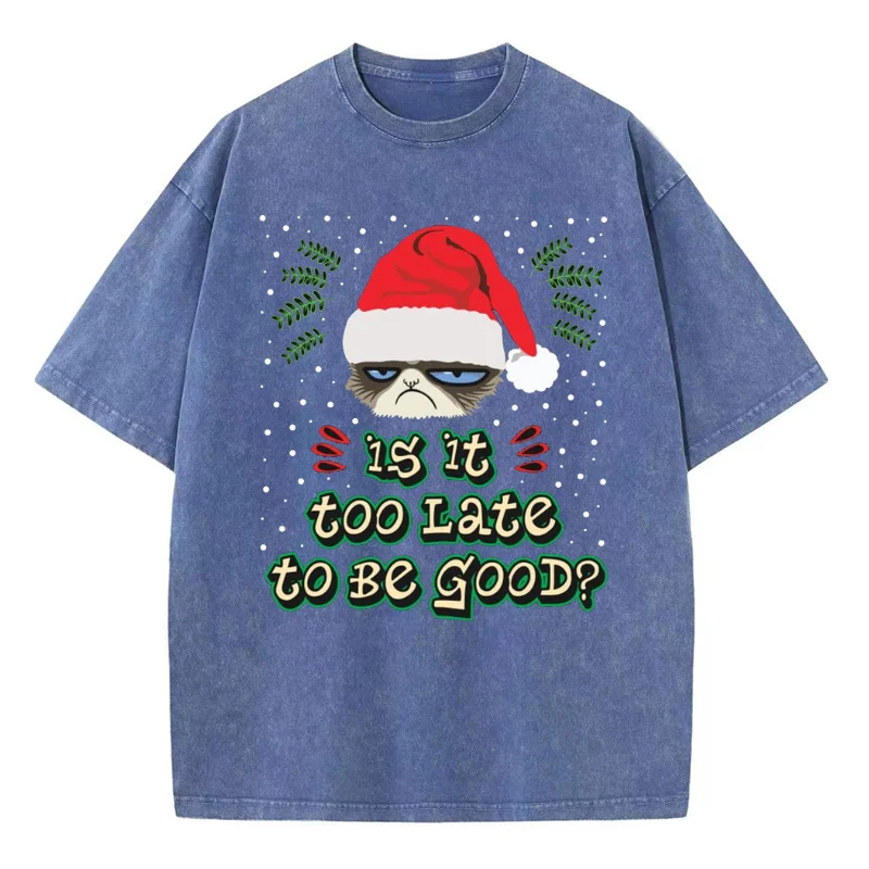 Funny Santa's Hat Printed T Shirt Holiday Merry Christmas Washed Cotton T-Shirt New Year Tees Women Harajuku Summer Short Sleeve