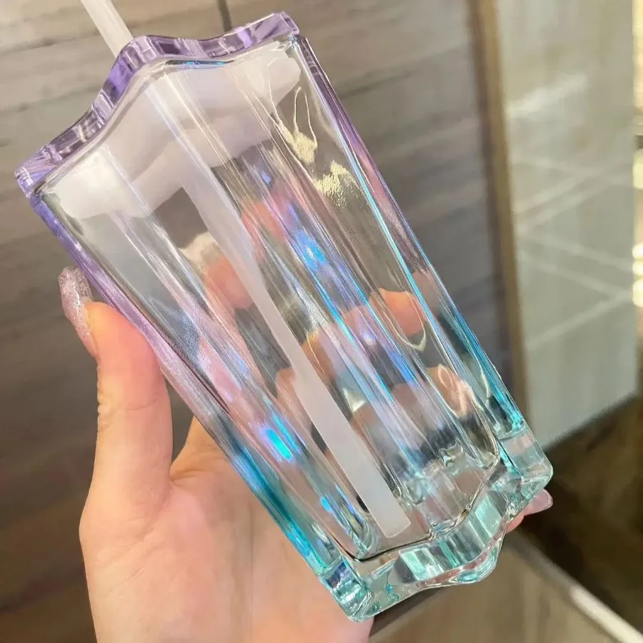Ins High-looking Household Heat-resistant Glass High-grade Sense Straw Pentagram Glass Glass Drinking Cup Juice Drink Cup