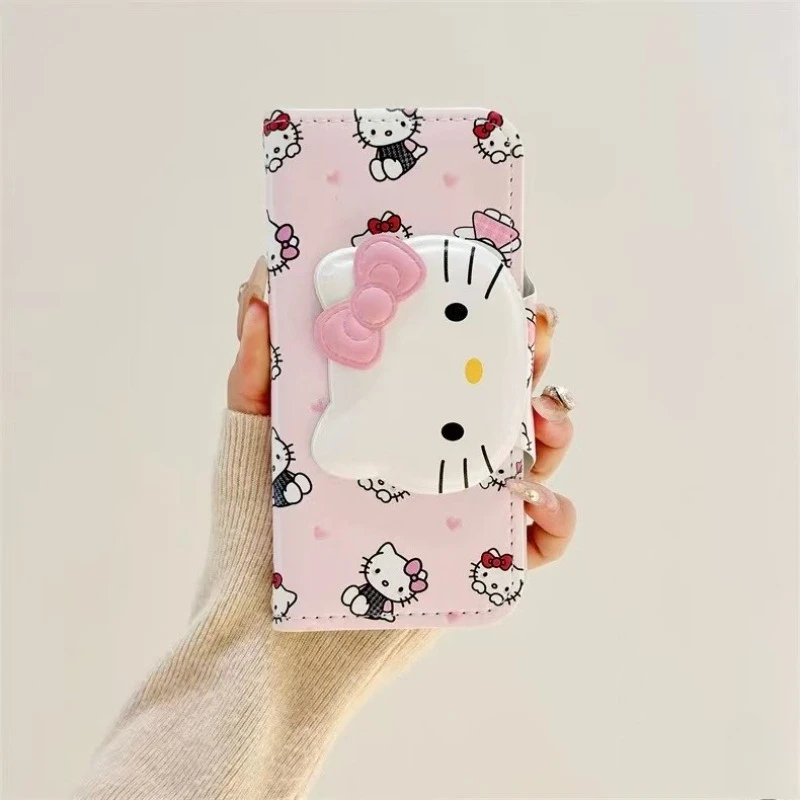 

Роскошный кожаный флип-чехол для телефона с милым мультяшным рисунком Sanrio Hello Kitty Bow Card Wallet для iPhone 16, 15, 14, 13, 12 Pro Max, твердый чехол