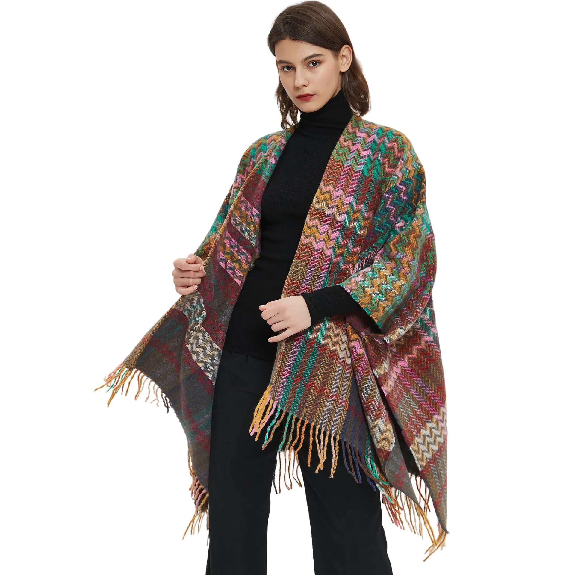 A Lady's Autumn and Winter National Wind Multi-color Shawl Draped Cloak Padded Scarf Cloak To Keep Warm E971